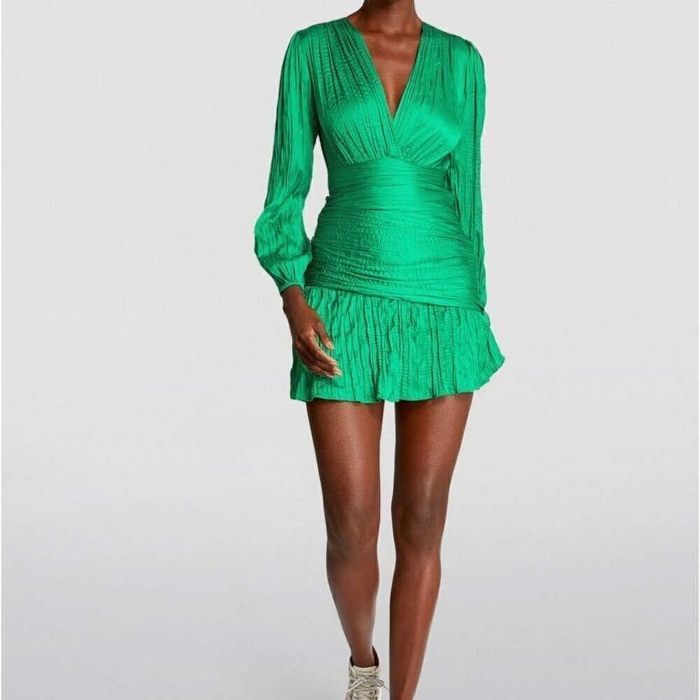 Maje Green Mini Bodycon Crinkle Long Sleeve Dress Size IT 42
